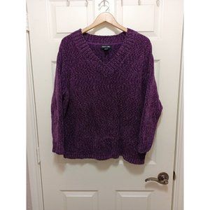 Women's Tracy Lynn Purple Chunky Crochet  Stretchy Pullover V Neck Sweater Large